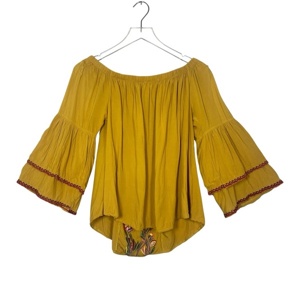 Solitaire size Medium Embroidered Floral Yellow Bell Sleeve Top Boho Chic Hippie - Picture 4 of 12